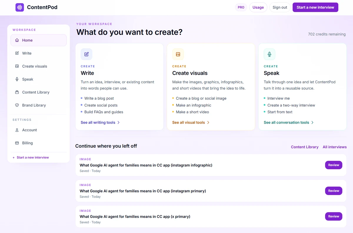 The ContentPod Speak card: talk through one idea and let ContentPod turn it into a reusable source