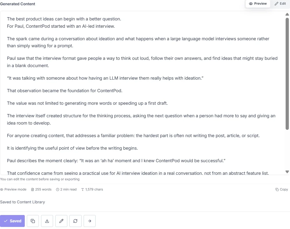The generated draft in review: a Preview and Edit toggle above the article text, the word count and reading time beneath it, "Saved to Content Library", and a row of actions ending in Saved.