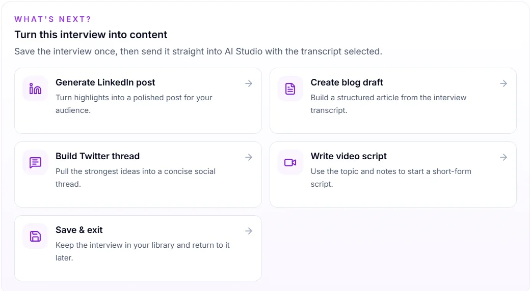 The "Turn this interview into content" card after an interview, with options to generate a LinkedIn post, a blog draft, a Twitter thread or a video script, or save and exit.